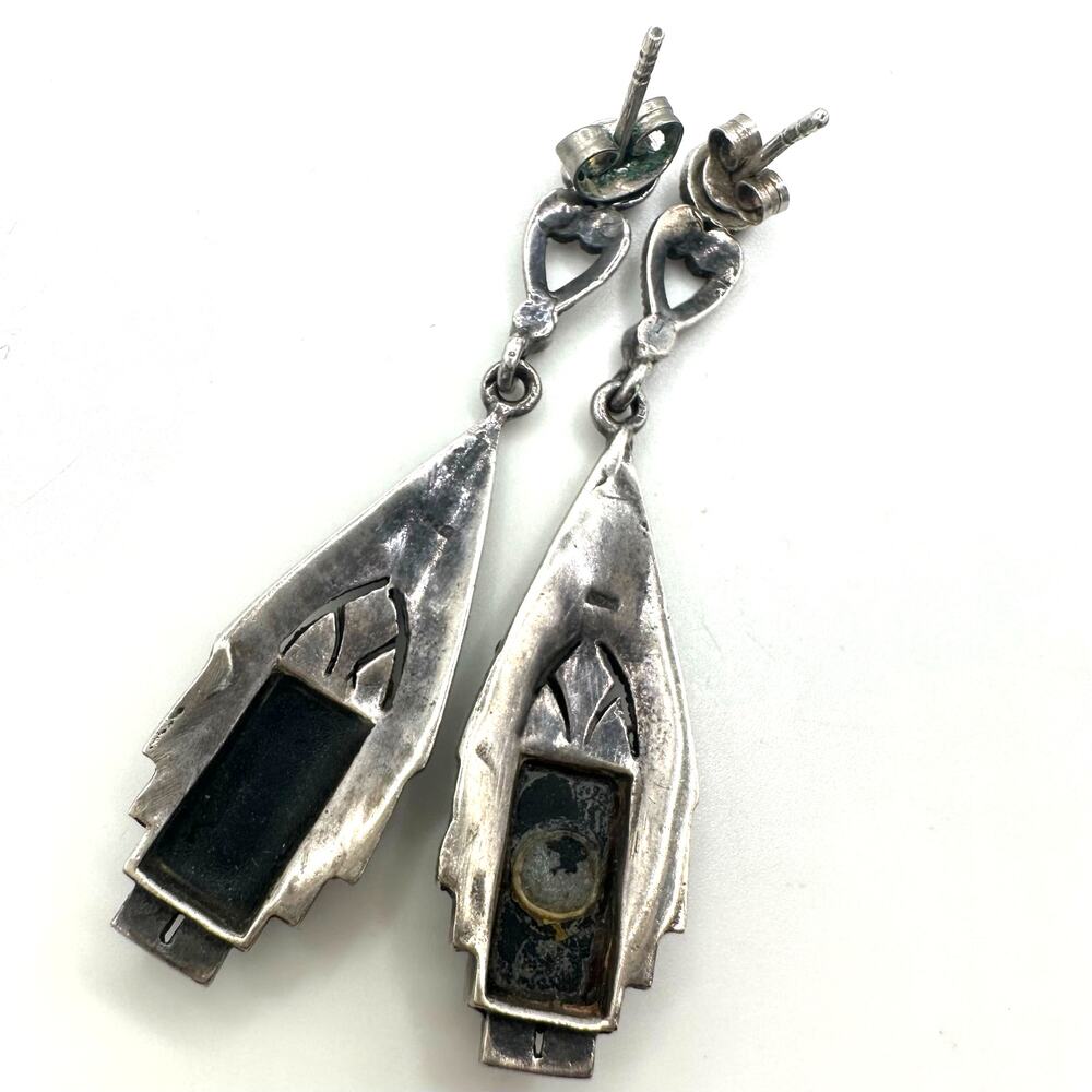Art Deco Revival sterling silver genuine black onyx marcasite post drop earrings - Picture 6 of 10